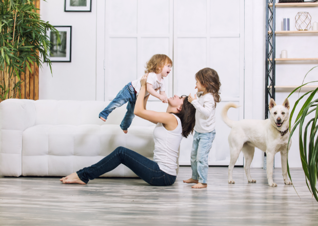 family playing in a house with clean air